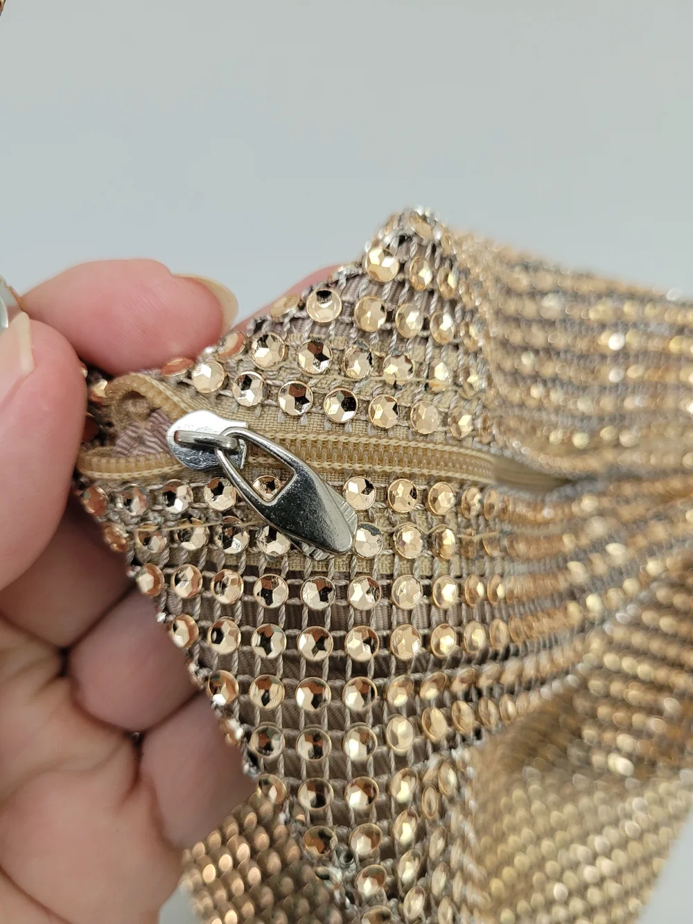 Gold Sequin Mesh Wristlet Evening Bag, Magnetic & Zip Closure